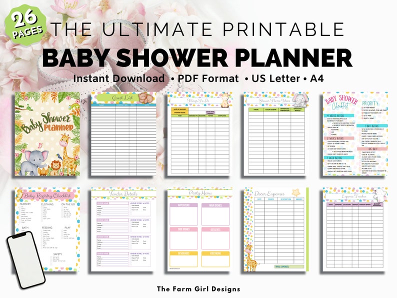 May include: A printable baby shower planner with 26 pages. The planner features a jungle animal theme with an elephant, giraffe, and lion. The planner includes pages for a guest list, to-do list, shower menu ideas, baby registry checklist, vendor details, party items, decor expenses, and expense tracker.