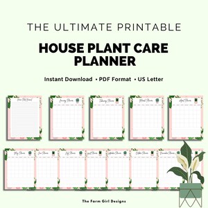 May include: Printable house plant care planner with a pink background and green leaves. The planner includes a page for each month of the year, with space to list plants and care instructions. The text "The Ultimate Printable House Plant Care Planner" is at the top of the page. The text "Instant Download - PDF Format - US Letter" is below the title.