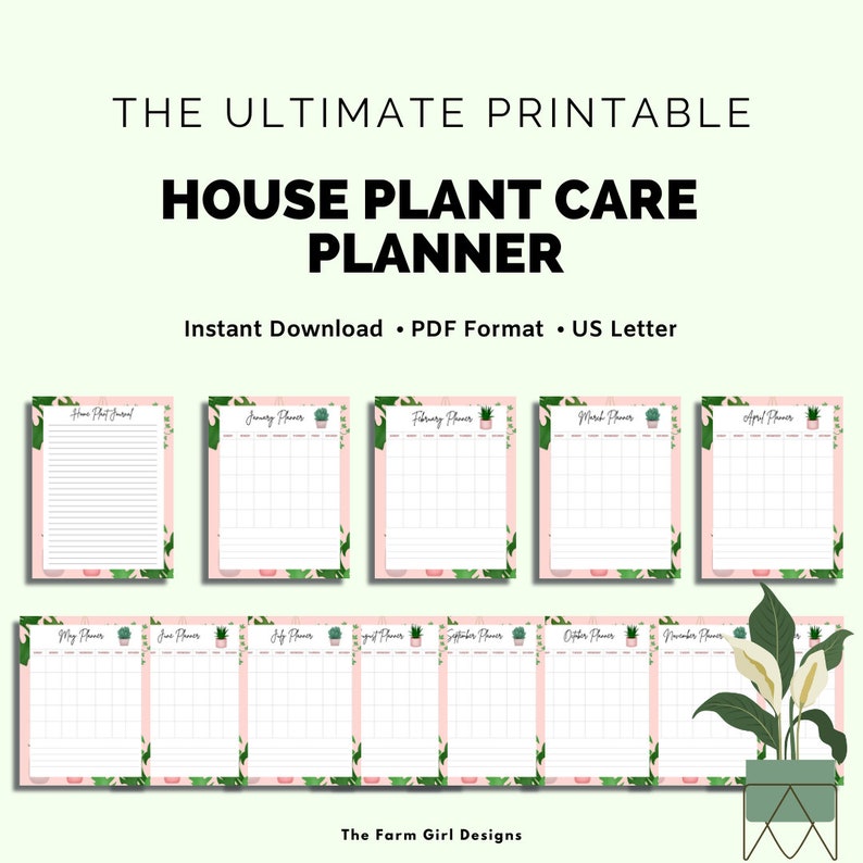 May include: Printable house plant care planner with a pink background and green leaves. The planner includes a page for each month of the year, with space to list plants and care instructions. The text "The Ultimate Printable House Plant Care Planner" is at the top of the page. The text "Instant Download - PDF Format - US Letter" is below the title.
