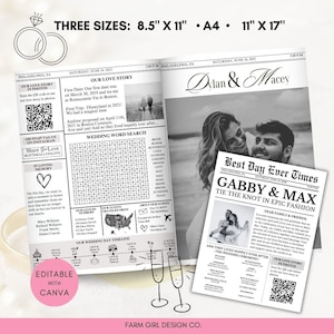 Programa de periódico de boda editable, plantilla Canva de boletín informativo, cronología de boda, plantilla de programa de boda de periódico plegado, cronología de boda