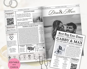 Editable Wedding Newspaper Program, Newsletter Canva Template, Wedding Timeline, Folded Newspaper Wedding Program Template, Wedding Timeline