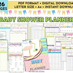 May include: A printable baby shower planner with 26 pages. The cover features a pink and blue background with a cartoon stork carrying a baby in a basket. The text "Baby Shower Planner" is in a yellow font. The planner includes pages for guest lists, food menus, party details, and more.