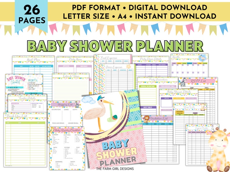 May include: A printable baby shower planner with 26 pages. The cover features a pink and blue background with a cartoon stork carrying a baby in a basket. The text "Baby Shower Planner" is in a yellow font. The planner includes pages for guest lists, food menus, party details, and more.