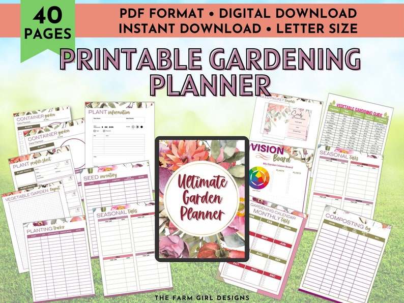 May include: Printable gardening planner with 40 pages in PDF format. The cover features a watercolor floral design with pink, red, and green flowers. The planner includes pages for planting, seed sowing, seasonal tasks, and more.