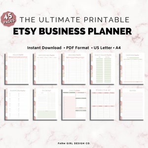 May include: A printable Etsy business planner with 45 pages. The planner includes sections for sales, inventory, income, daily sales, expenses, passwords, to-do lists, daily plans, weekly to-do lists, and notes. The planner is designed with a pink and green color scheme.