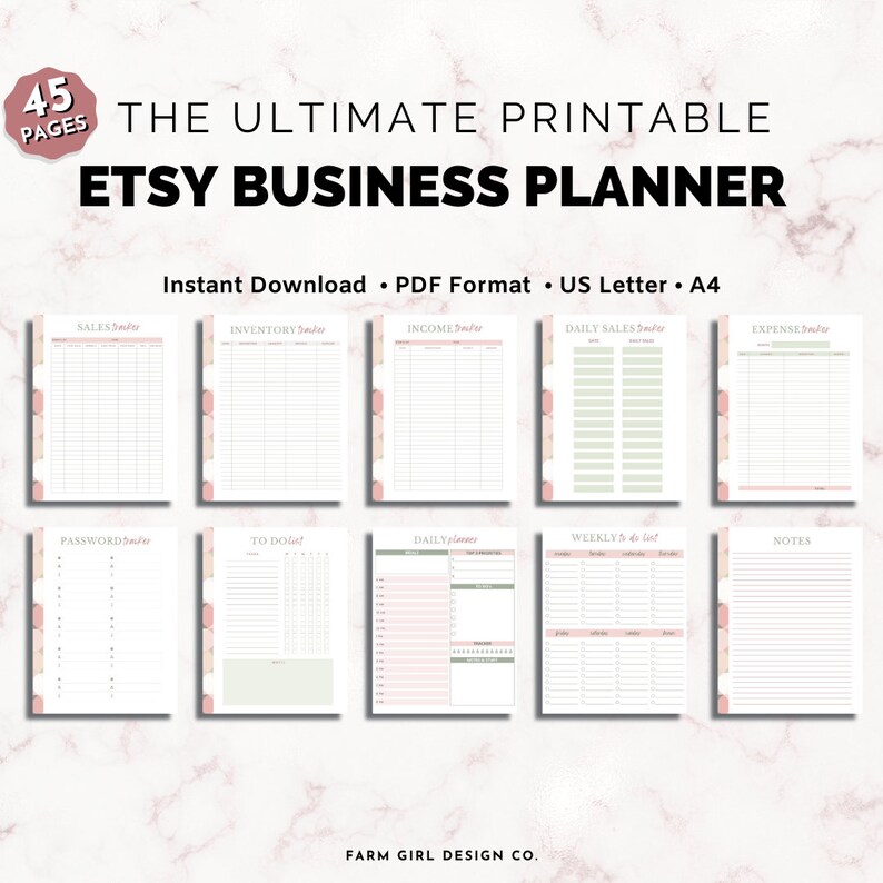 May include: A printable Etsy business planner with 45 pages. The planner includes sections for sales, inventory, income, daily sales, expenses, passwords, to-do lists, daily plans, weekly to-do lists, and notes. The planner is designed with a pink and green color scheme.