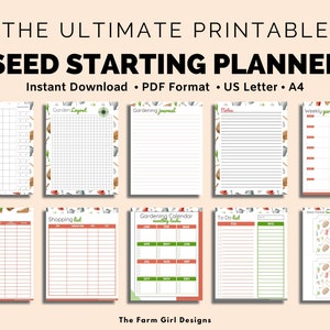 May include: A printable seed starting planner with 30 pages. The planner includes pages for a garden layout, gardening journal, notes, weekly gardening, seed inventory, shopping list, gardening calendar, and to-do list. The pages are decorated with a watercolor pattern of gardening tools.