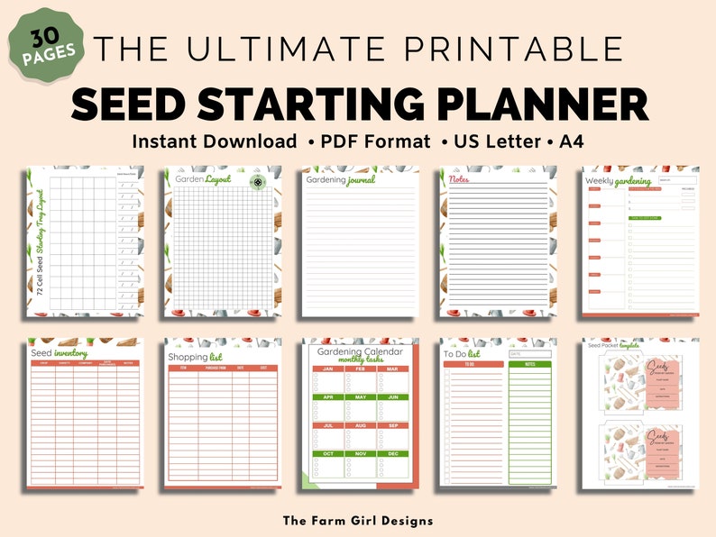 May include: A printable seed starting planner with 30 pages. The planner includes pages for a garden layout, gardening journal, notes, weekly gardening, seed inventory, shopping list, gardening calendar, and to-do list. The pages are decorated with a watercolor pattern of gardening tools.