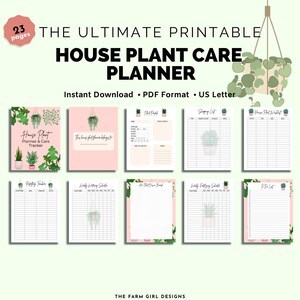 May include: Printable house plant care planner with 23 pages. The planner includes a plant list, shopping list, watering schedule, to-do list, and a plant puff tracker. The planner has a pink background with green plant illustrations.