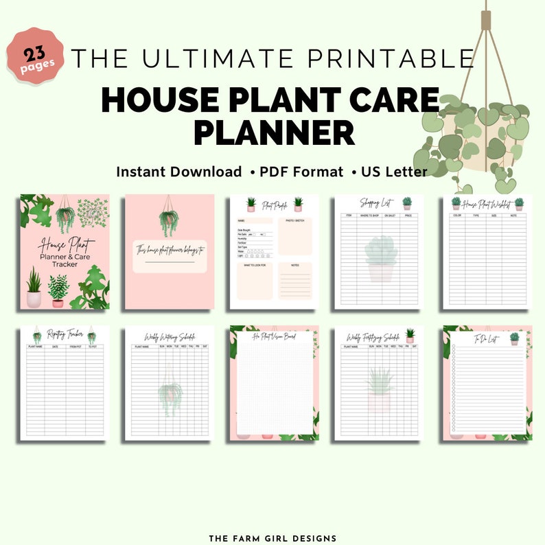 May include: Printable house plant care planner with 23 pages. The planner includes a plant list, shopping list, watering schedule, to-do list, and a plant puff tracker. The planner has a pink background with green plant illustrations.
