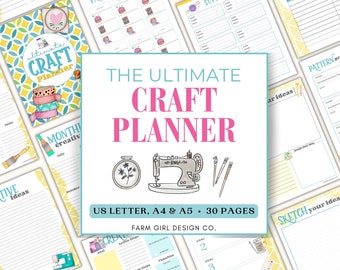Puede incluir: Un planificador imprimible colorido con el título "The Ultimate Craft Planner" en texto rosa y negro. El planificador incluye páginas para la planificación mensual, listas de cumpleaños y eventos, ideas de proyectos y listas de proveedores. El planificador está diseñado para los tamaños US Letter, A4 y A5 e incluye 30 páginas. El planificador está diseñado por Farm Girl Design Co.
