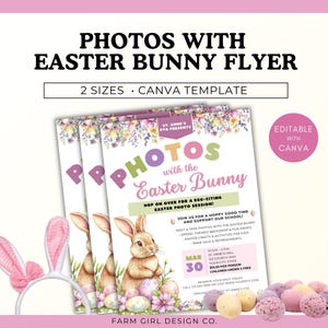 May include: A printable flyer for a Photos with the Easter Bunny event. The flyer features a watercolor illustration of an Easter bunny with colorful eggs. The text on the flyer reads "Photos with the Easter Bunny" and includes details about the event, such as the date, time, location, and price. The flyer is designed in a pink, green, and white color scheme.