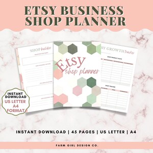 May include: A printable Etsy shop planner with a pink and green geometric pattern. The planner includes sections for shop building, shop growth tracking, and shop product stats. The text "Etsy shop planner" is featured on the cover.