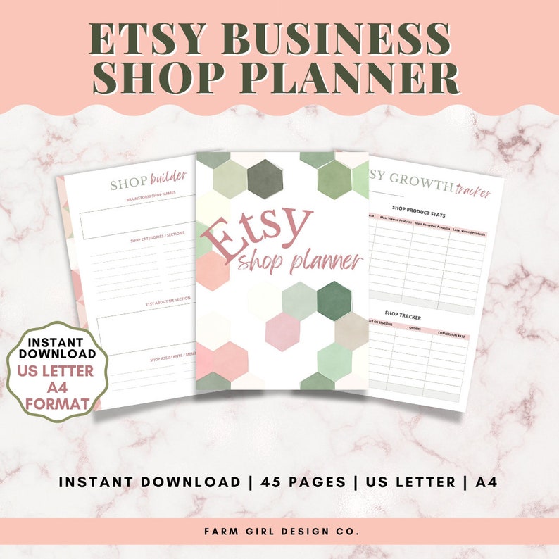May include: A printable Etsy shop planner with a pink and green geometric pattern. The planner includes sections for shop building, shop growth tracking, and shop product stats. The text "Etsy shop planner" is featured on the cover.