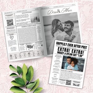 Könnte beinhalten: Eine schwarz-weiße Hochzeitsanzeige im Zeitungs-Stil mit einem Foto des Paares. Die Überschrift lautet "Happily Ever After Post" und "Extra! Extra! Macey & Dylan Say "I Do!" Die Anzeige enthält Details zur Hochzeitszeremonie und zum Empfang.