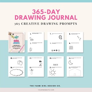 May include: A black and white printable journal cover with the text "The Art & Soul Journal 365 Days of Creative Prompts" and "365-Day Drawing Journal 365 Creative Drawing Prompts". The journal cover also features a colorful abstract painting.