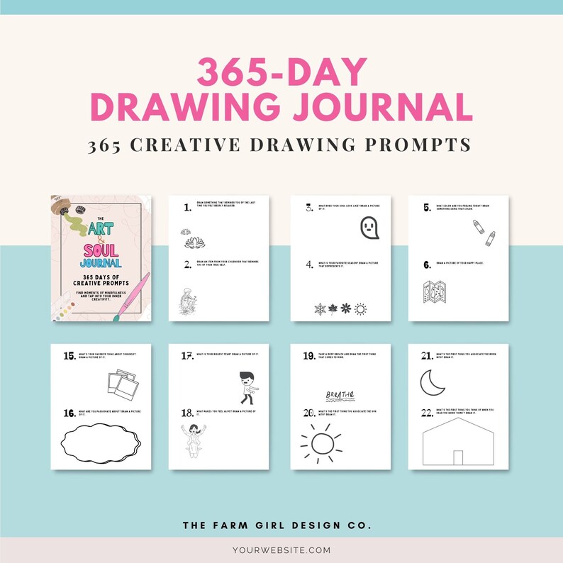 May include: A black and white printable journal cover with the text "The Art & Soul Journal 365 Days of Creative Prompts" and "365-Day Drawing Journal 365 Creative Drawing Prompts". The journal cover also features a colorful abstract painting.