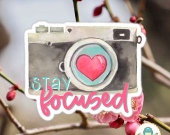 Stay Focused Camera Sticker, Photography Sticker, Floral Camera Sticker, Vinyl Sticker For Water Bottle or Laptop, Watercolor Camera Sticker