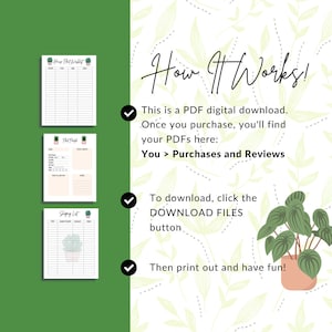 May include: Printable PDF download of three plant-themed checklists: House Plant Wishlist, Plant Project, and Shopping List. The checklists are designed with a green and white floral pattern and feature illustrations of potted plants.