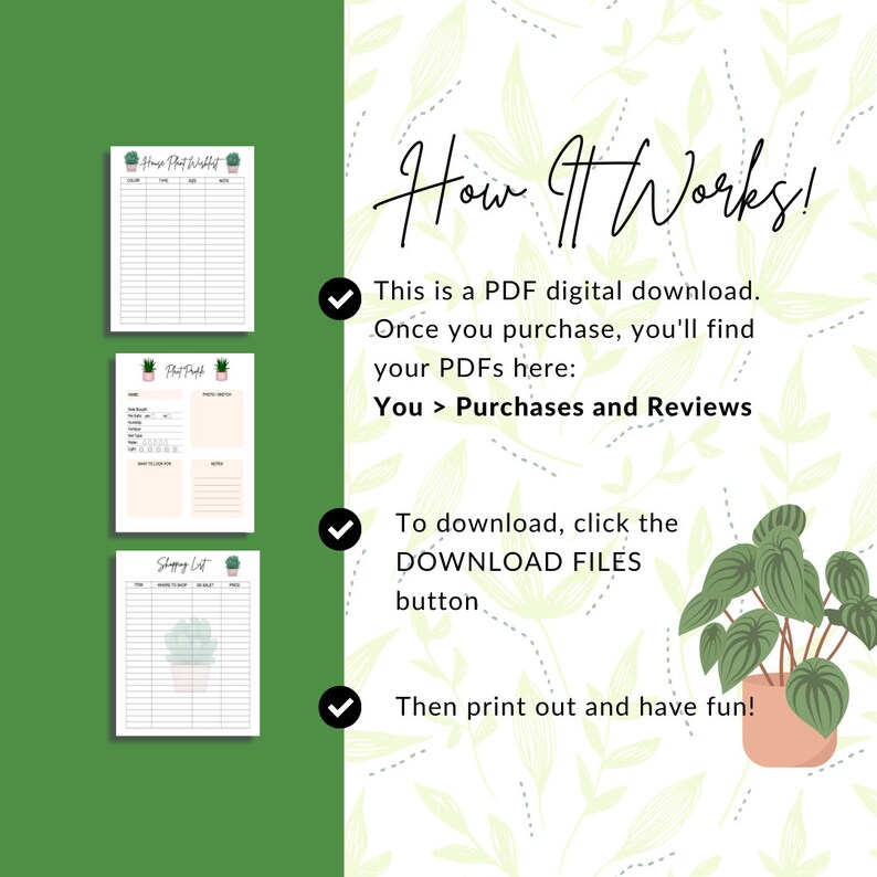May include: Printable PDF download of three plant-themed checklists: House Plant Wishlist, Plant Project, and Shopping List. The checklists are designed with a green and white floral pattern and feature illustrations of potted plants.