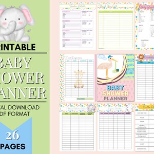 May include: Printable baby shower planner with 26 pages. The planner includes sections for vendor details, thank you list, baby registry checklist, food expenses, invitation list, and on the day details. The pages are decorated with cute animal illustrations.