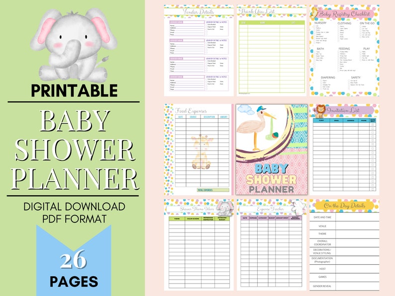 May include: Printable baby shower planner with 26 pages. The planner includes sections for vendor details, thank you list, baby registry checklist, food expenses, invitation list, and on the day details. The pages are decorated with cute animal illustrations.