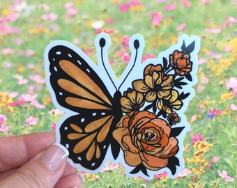Monarch Butterfly Sticker, Watercolor Butterfly Floral Sticker, Waterproof Sticker, Flower Sticker, Laptop Stickers, Nature Sticker