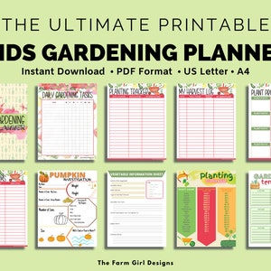 Puede incluir: Planificador de jardiner&iacute;a imprimible para ni&ntilde;os con 24 p&aacute;ginas. El planificador incluye p&aacute;ginas para tareas diarias de jardiner&iacute;a, seguimiento de la siembra, registro de la cosecha, perfiles de plantas, investigaci&oacute;n de la calabaza, hoja de informaci&oacute;n sobre verduras, calendario de siembra y seguimiento del cuidado del jard&iacute;n. Las p&aacute;ginas est&aacute;n decoradas con ilustraciones coloridas de herramientas de jardiner&iacute;a, verduras y flores.
