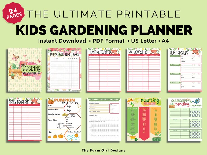Puede incluir: Planificador de jardiner&iacute;a imprimible para ni&ntilde;os con 24 p&aacute;ginas. El planificador incluye p&aacute;ginas para tareas diarias de jardiner&iacute;a, seguimiento de la siembra, registro de la cosecha, perfiles de plantas, investigaci&oacute;n de la calabaza, hoja de informaci&oacute;n sobre verduras, calendario de siembra y seguimiento del cuidado del jard&iacute;n. Las p&aacute;ginas est&aacute;n decoradas con ilustraciones coloridas de herramientas de jardiner&iacute;a, verduras y flores.