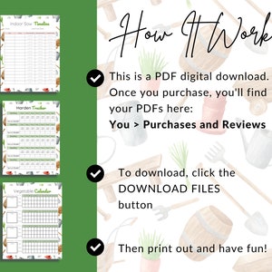 May include: Three printable PDF charts for gardening: an indoor sow timeline, a harden tracker, and a vegetable calendar. The charts are designed with a watercolor background of gardening tools and plants.
