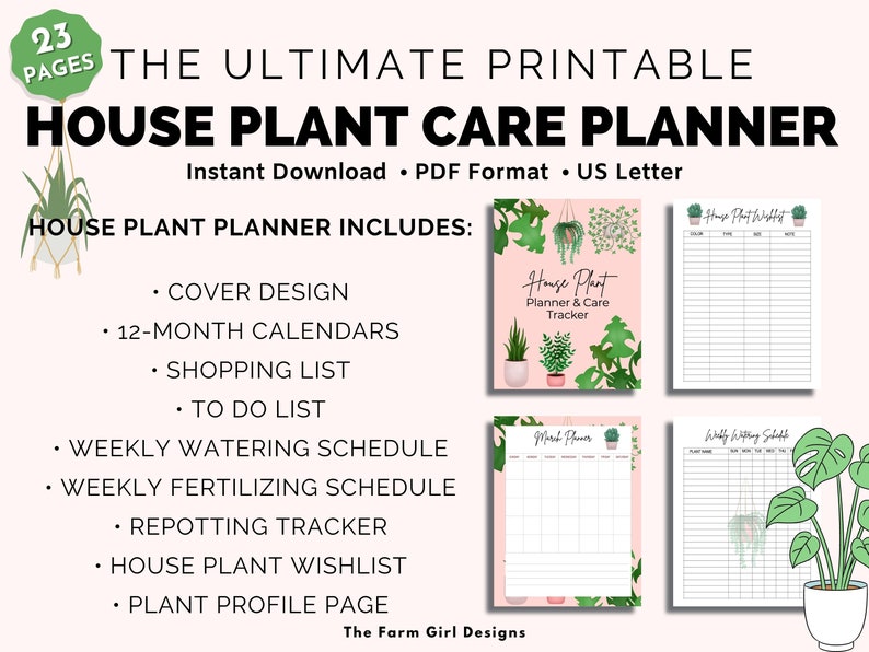 May include: A printable house plant care planner with 23 pages. The planner includes a cover design, 12-month calendars, shopping list, to-do list, weekly watering schedule, weekly fertilizing schedule, a repotting tracker, a house plant wishlist, and a plant profile page. The planner is designed with a pink background and green illustrations of house plants.
