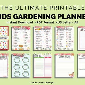 Puede incluir: Planificador de jardiner&iacute;a para ni&ntilde;os imprimible de 24 p&aacute;ginas. El planificador incluye listas de verificaci&oacute;n, una b&uacute;squeda del tesoro en el jard&iacute;n, una lista de deseos de plantas, una lista de tareas pendientes, una lista de compras de jard&iacute;n y un diario de jard&iacute;n. Las p&aacute;ginas est&aacute;n decoradas con flores y mariposas coloridas.