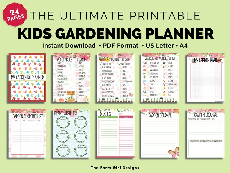 Puede incluir: Planificador de jardiner&iacute;a para ni&ntilde;os imprimible de 24 p&aacute;ginas. El planificador incluye listas de verificaci&oacute;n, una b&uacute;squeda del tesoro en el jard&iacute;n, una lista de deseos de plantas, una lista de tareas pendientes, una lista de compras de jard&iacute;n y un diario de jard&iacute;n. Las p&aacute;ginas est&aacute;n decoradas con flores y mariposas coloridas.