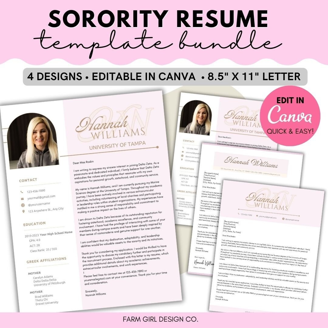 Sorority Pink Resume Template Editable Pink Rush Resume Template W