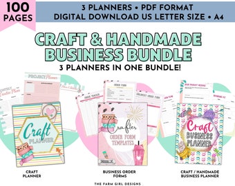 May include: A digital download bundle of three printable planners for craft and handmade businesses. The bundle includes a craft planner, business order forms, and a craft business planner. The planners are designed with a pink, teal, and yellow color scheme and feature illustrations of craft supplies.