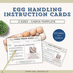Instrucciones para huevos frescos de granja, instrucciones de manejo de huevos frescos de granja, calcomanía de agricultura, folleto del mercado de agricultores, plantilla de Canva para etiqueta de huevo seguro