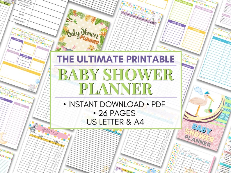 May include: A printable baby shower planner with 26 pages. The planner has a colorful design with a baby animal theme. The text "The Ultimate Printable Baby Shower Planner" is in a large font at the top of the page. The text "Instant Download - PDF - 26 Pages - US Letter & A4" is below the title.