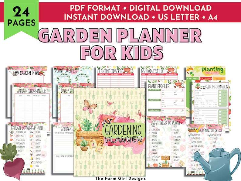 Puede incluir: Un planificador de jard&iacute;n imprimible para ni&ntilde;os con 24 p&aacute;ginas. El planificador incluye p&aacute;ginas para un plan de jard&iacute;n, una lista de deseos, un rastreador de siembra, un registro de cosecha, perfiles de plantas, informaci&oacute;n sobre semillas, una b&uacute;squeda del tesoro y una lista de verificaci&oacute;n de jardiner&iacute;a. Las p&aacute;ginas est&aacute;n decoradas con ilustraciones coloridas de herramientas de jardiner&iacute;a, plantas y mariposas.