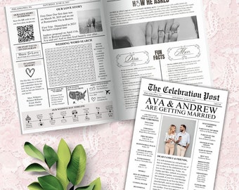 Programa de periódico de boda editable, plantilla Canva de boletín informativo, cronología de boda, plantilla de programa de boda de periódico plegado, cronología de boda