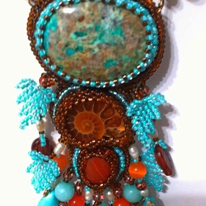 Ammonite necklace bead embroidery pendant opal snail pendant, Ammonite fossil pendant, embroidery necklace, chrysocolla stone necklace