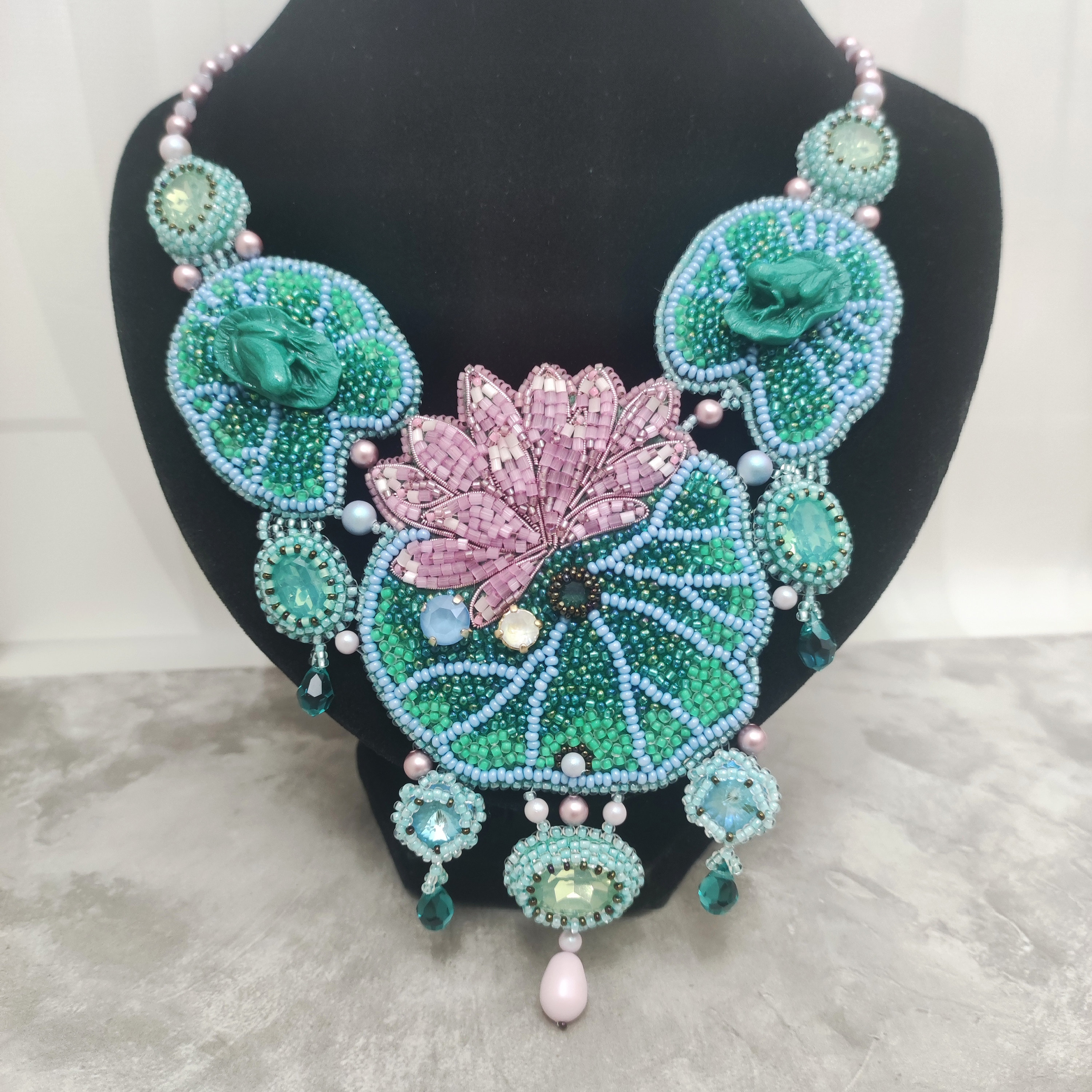 Water Lily Beaded Necklace, Embroidered Frog Jewelry