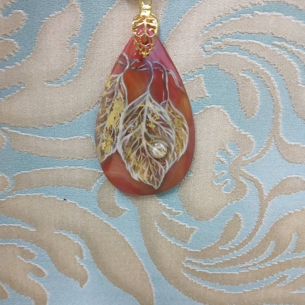 Leaf pendant autumn pendant, painting stone, autumn necklace painted jewelry, unusual pendant, natural agate, hand painted broun pendant