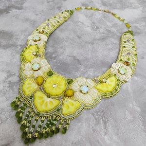 Yellow lemon juice necklace, embroidery design necklace, handmade fruit jewelry, beaded necklace, yellow jewelry, exclusiv bib necklacece