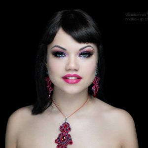 Dark red soutache jewelry set, elegant necklace soutache jewelry, soutache necklace and soutache earrings bright jewelry set bridal jewelry