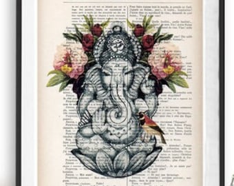 Retro Ganesha Peony Botanical Flowers Bird Yoga poster Meditating Buddha Zen Wall Art Retro Vintage Book Dictionary Art Print Artwork