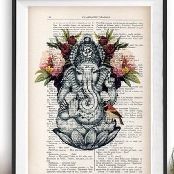 Retro Ganesha Pfingstrose Botanische Blumen Vogel Yoga Poster Meditierender Buddha Zen Wandkunst Retro Vintage Buch Wörterbuch Kunstdruck Kunstwerk