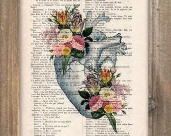 Retro Heart Flower Anatomy Print, Human, Anatomy art, love, science wall decor, art print drawing, Vintage Book Dictionary Get well soon