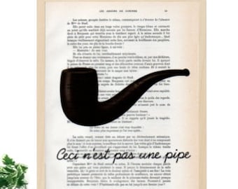Rene Magritte tribute print, ceci n'est pas une pipe, this is not a pipe, vintage paper, typography poster, funny, humorous wall art decor