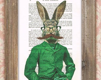 Rabbit in green, French design, Bunny art, rabbit poster Merry Everything,Happy Always,Joy Peace and Love, rabbit art, holiday gift