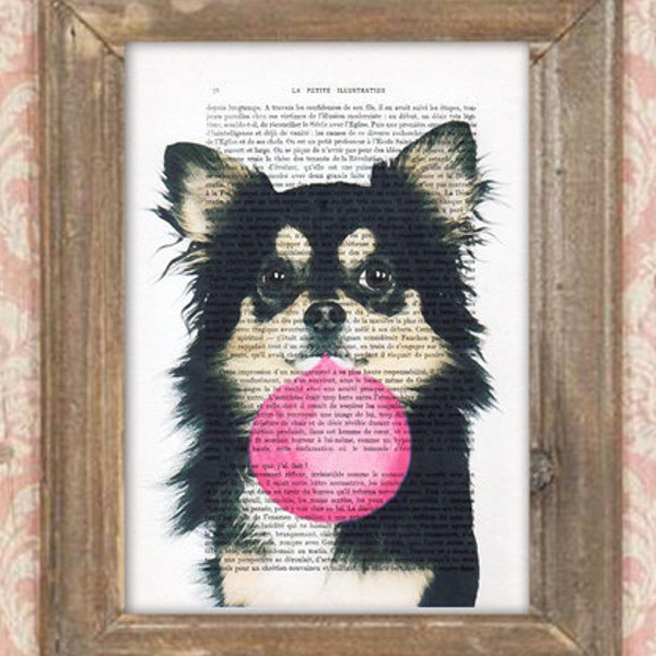 Chihuahua Print, Bubblegum, French design, black and white,dog poster, Art Print on recycled french book page